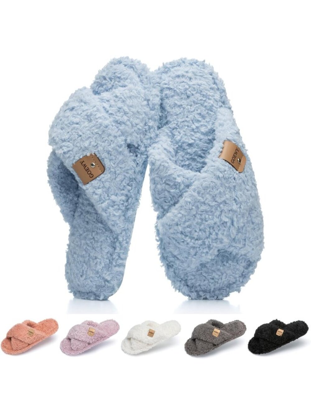 Women's Sky Blue Cozy Cross Band Indoor and Outdoor Fuzzy Open Toe Slipper Shoes